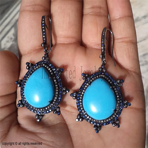Handmade Sterling Silver Turquoise Earrings: Sapphire & Diamond Dangle