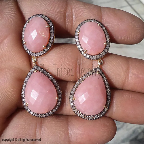 925 Sterling Silver Pink Rose Quartz Earrings | Double Drop Dangle Earrings