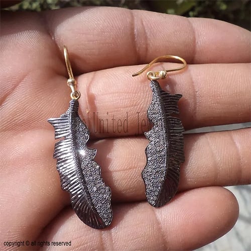 Sterling Silver Feather Drop Earrings: Black Rhodium & Diamond Accent