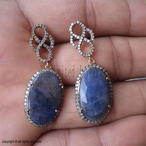 925 Sterling Silver Blue Sapphire Drop Earrings | Oval Gemstone with Diamond Halo