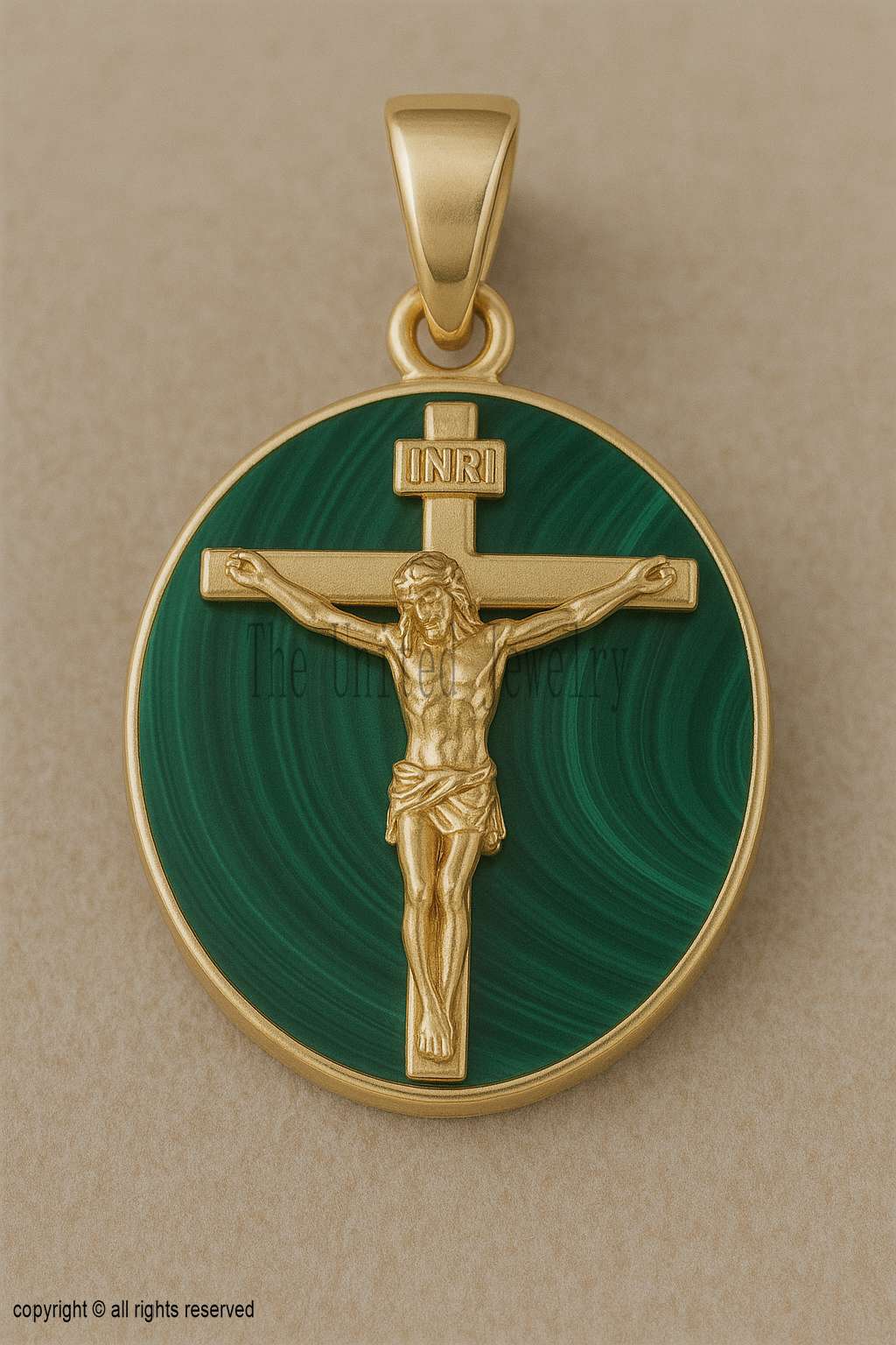Gold Plated Sterling Silver Malachite Crucifix Pendant - Christian Jewelry
