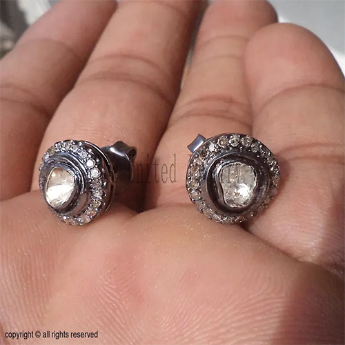 Sterling Silver Polki Diamond Stud Earrings: Antique Halo Jewelry