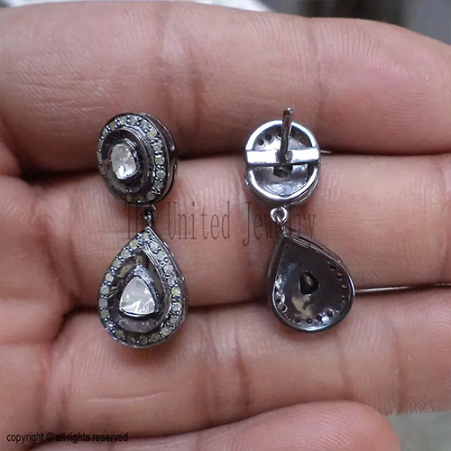 925 Sterling Silver Polki Diamond Drop Earrings | Pear & Round Halo Earrings