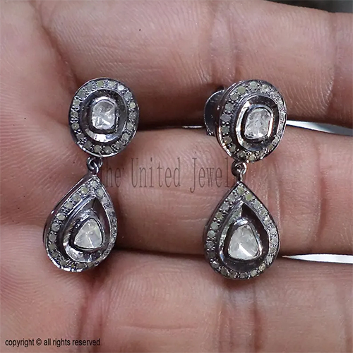925 Sterling Silver Polki Diamond Drop Earrings | Pear & Round Halo Earrings