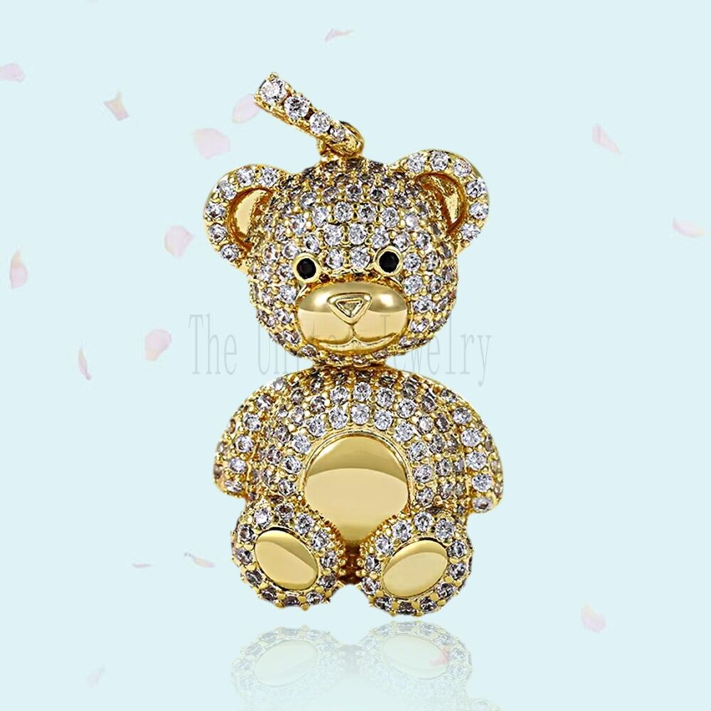 14K Gold Plated Moissanite Teddy Bear Pendant, Silver Teddy Jewelry