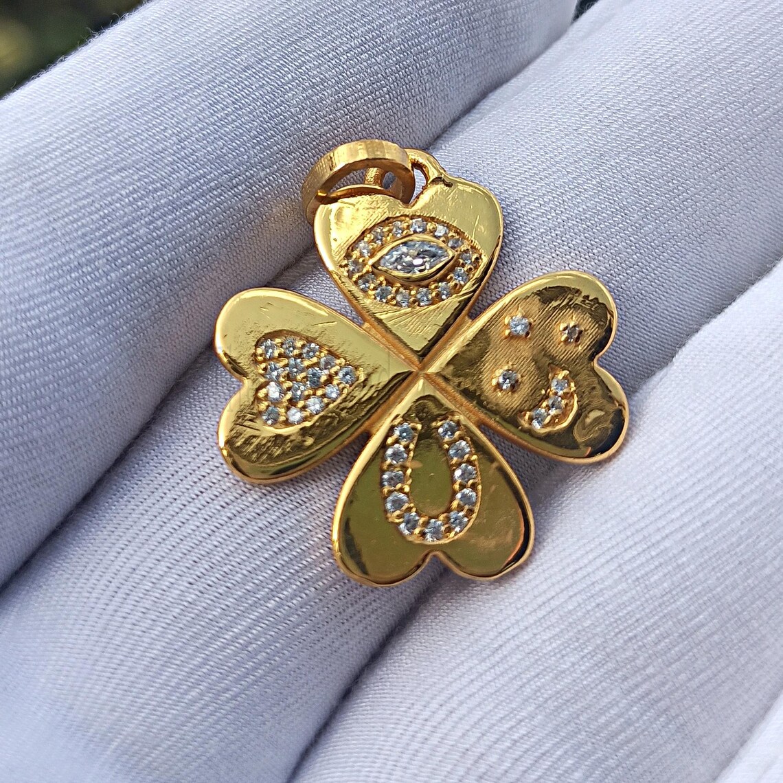 14k Gold Diamond Clover Charm: Handmade Lucky Pendant