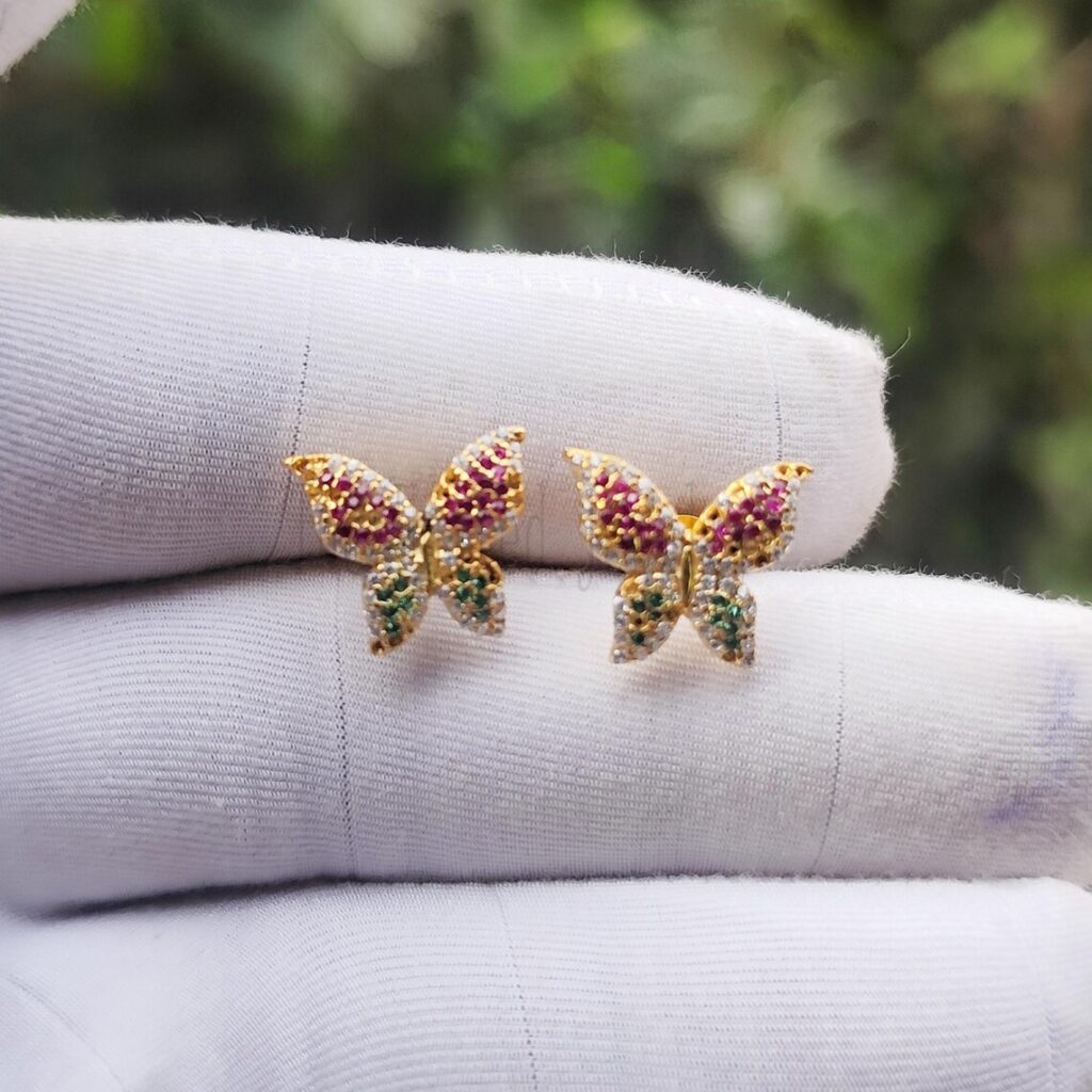 Pave Diamond With Ruby And Tsavorite Handmade Butterfly Stud Earrings For Women's