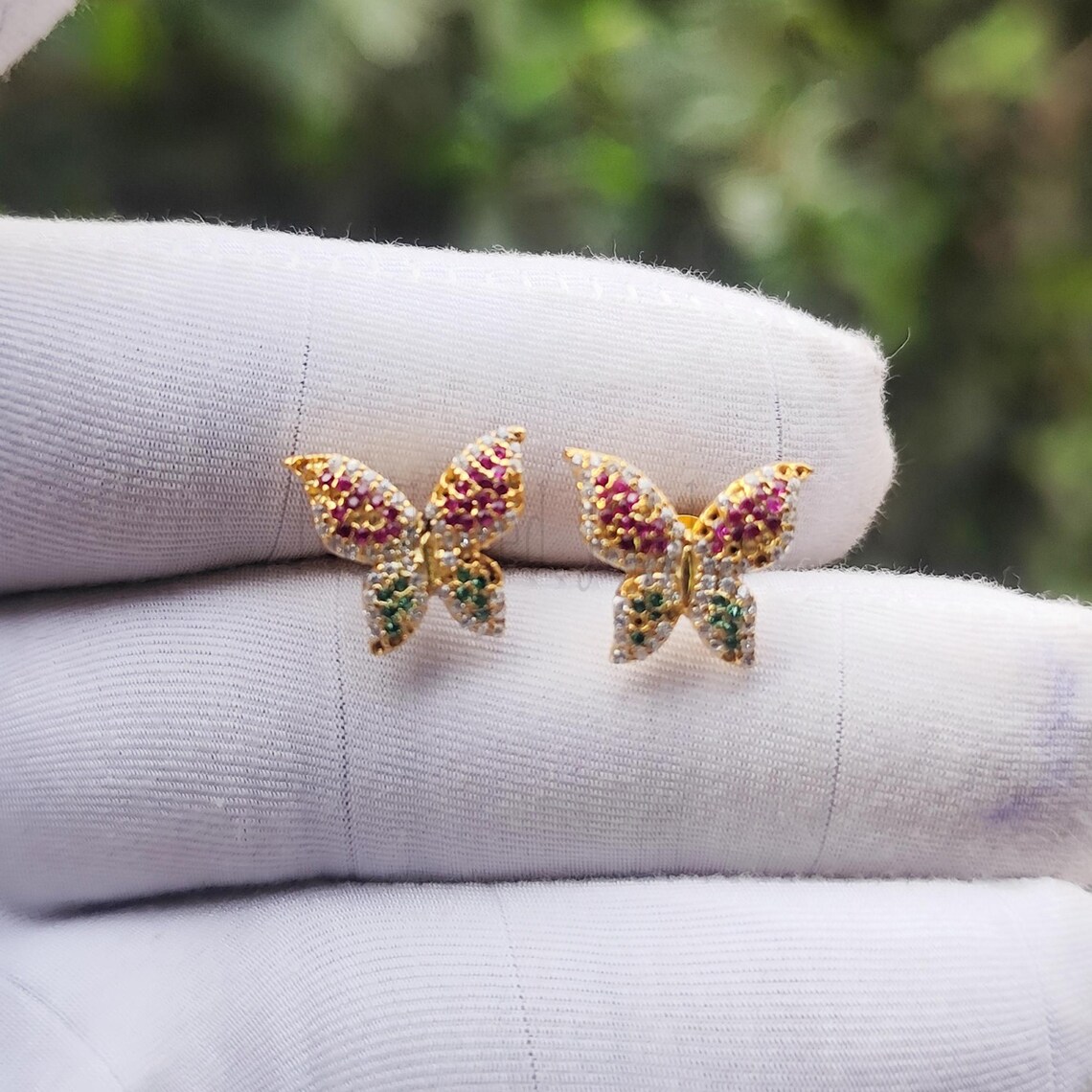 Pave Diamond With Ruby And Tsavorite Handmade Butterfly Stud Earrings For Women's