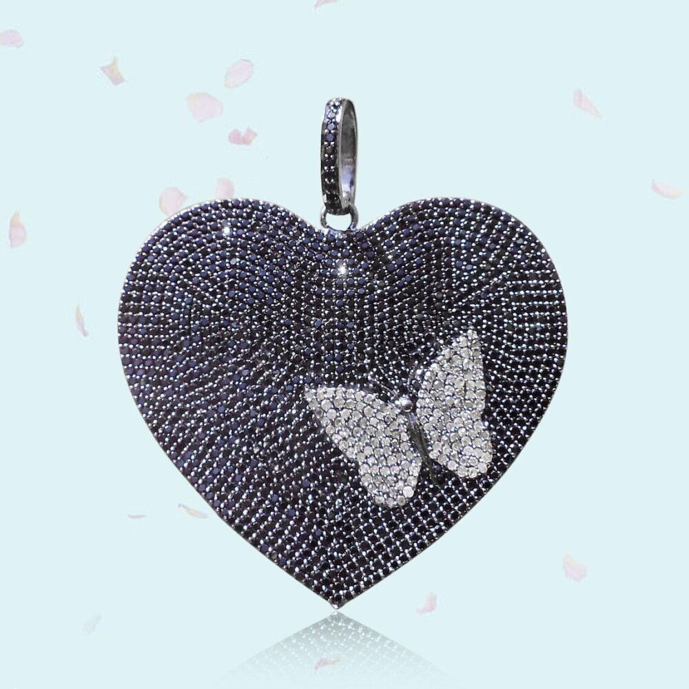 925 Sterling Silver Handmade Black Onyx Heart With Diamond Butterfly Charm Pendant Jewelry