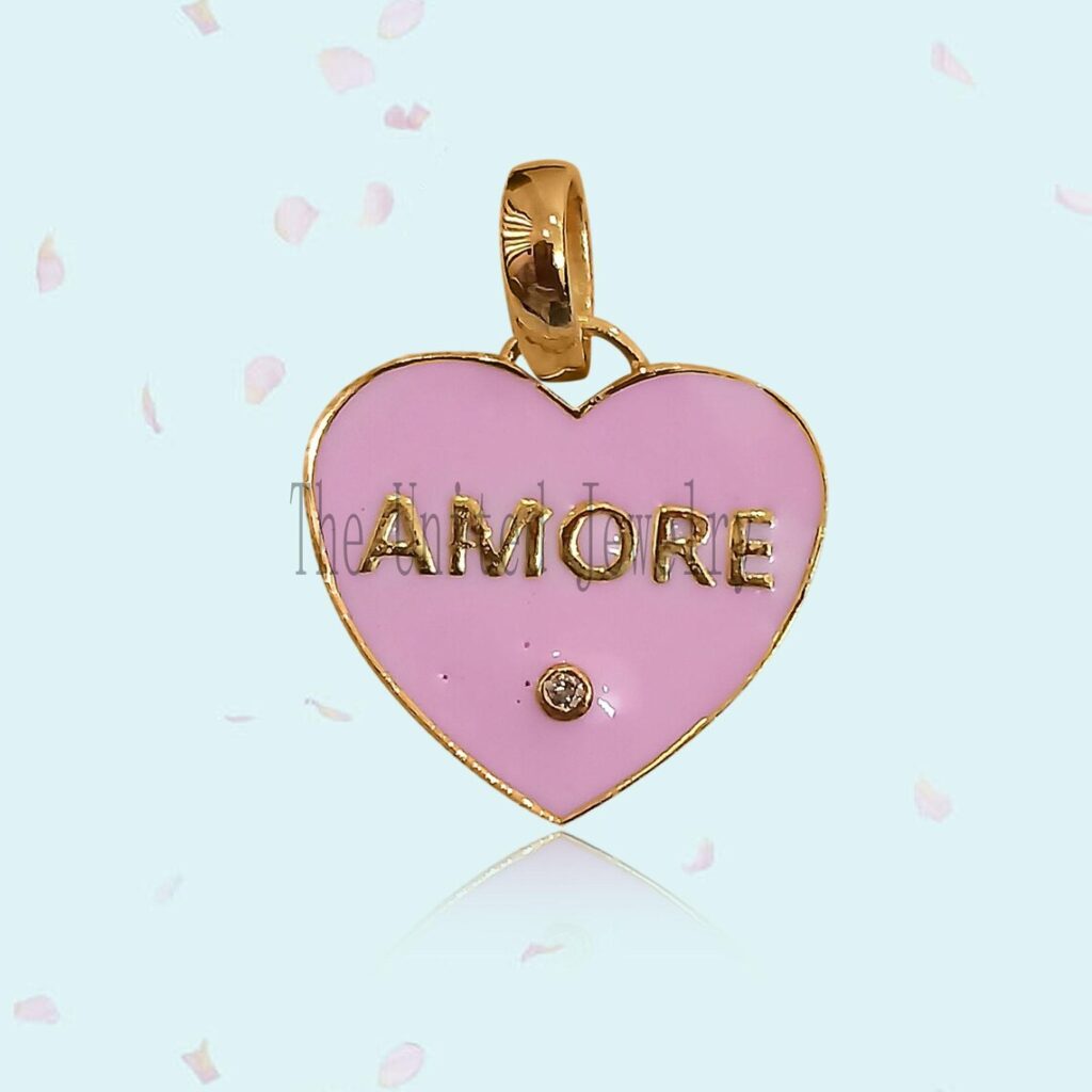 925 Sterling Silver Handmade AMORE Heart With Enamel Color Diamond Charm Pendant Jewelry