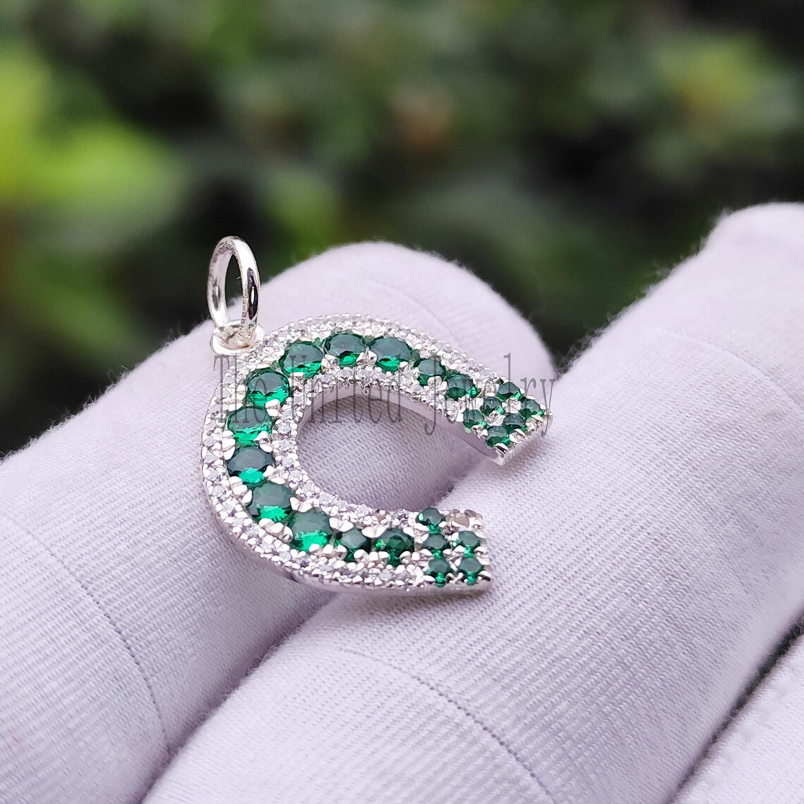 Handmade Sterling Silver Horseshoe Charm with Diamonds & Emeralds