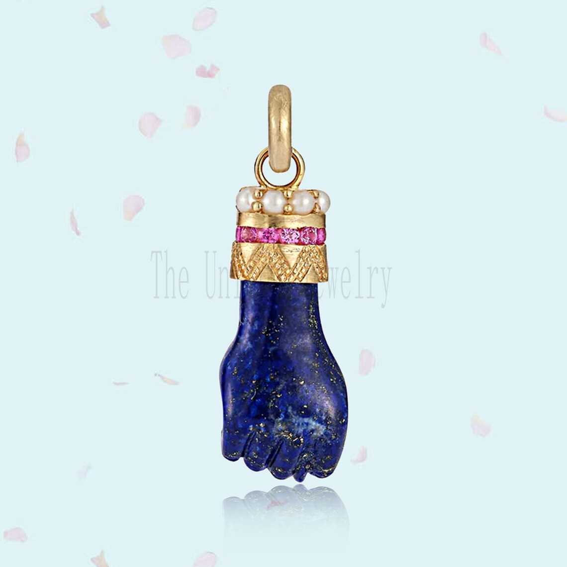 Handmade Carved Lapis Lazuli Pearl & Pink Sapphire Gemstone Figa Hand In Sterling Silver Jewelry