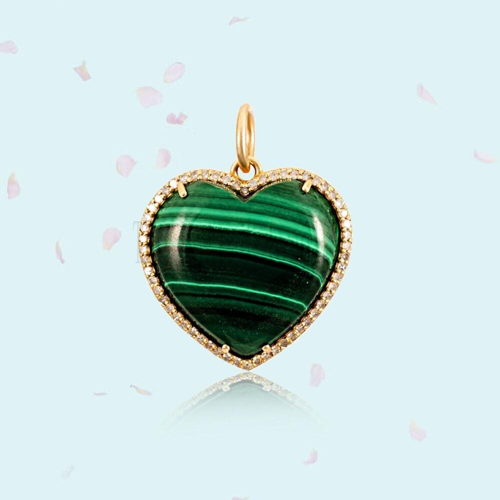 925 Sterling Silver Yellow Gold Plated Malachite Heart Diamond Charm Pendant