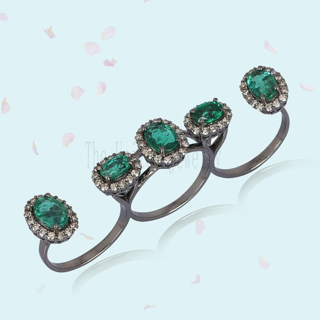 Handmade Emerald Triple Finger Diamond Ring 925 Sterling Silver Jewelry