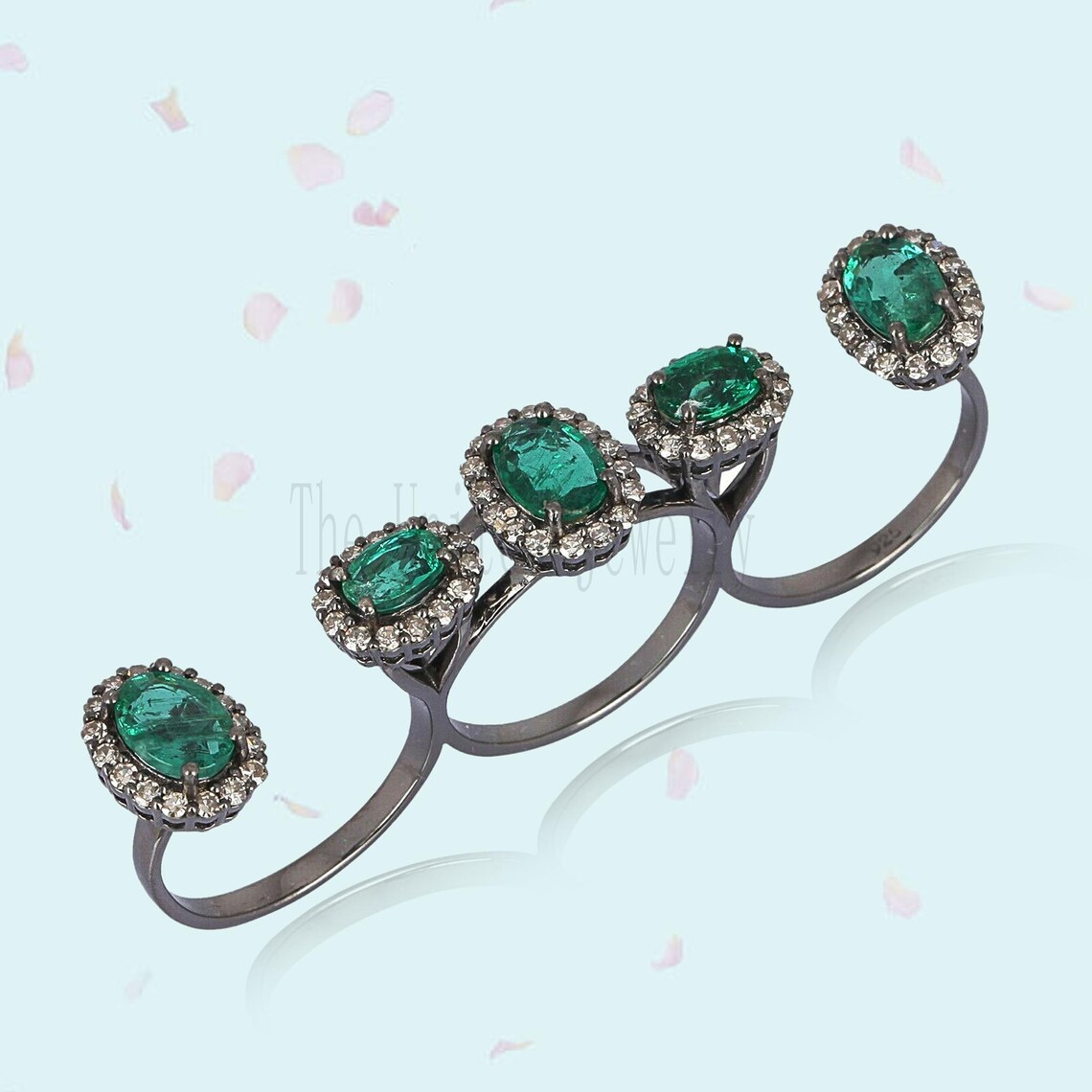 Handmade Emerald Triple Finger Diamond Ring 925 Sterling Silver Jewelry