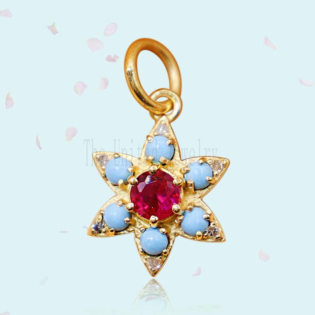 Natural Turquoise With Ruby Yellow Gold Plating Star Shape Charm Pendant Jewelry