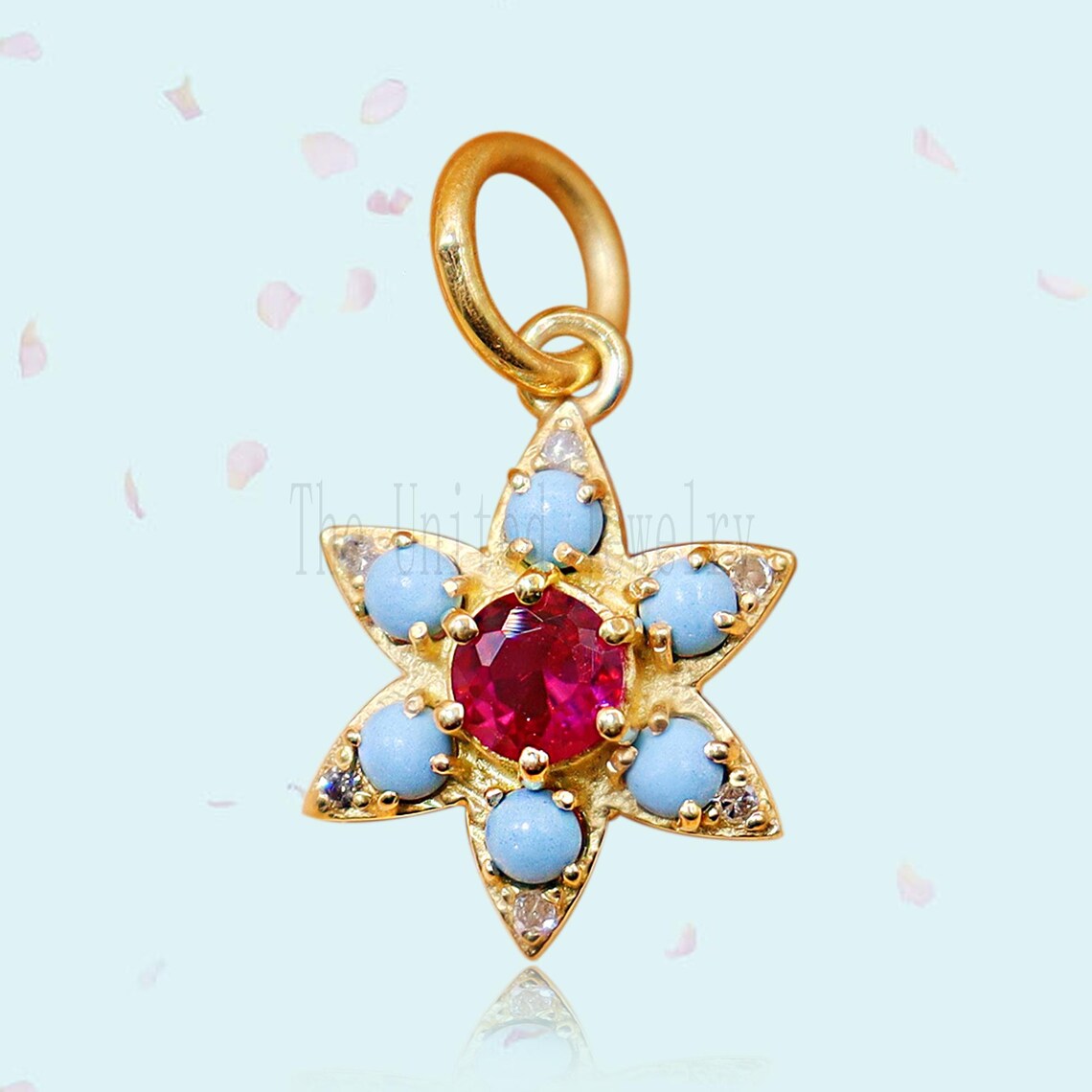 Natural Turquoise With Ruby Yellow Gold Plating Star Shape Charm Pendant Jewelry