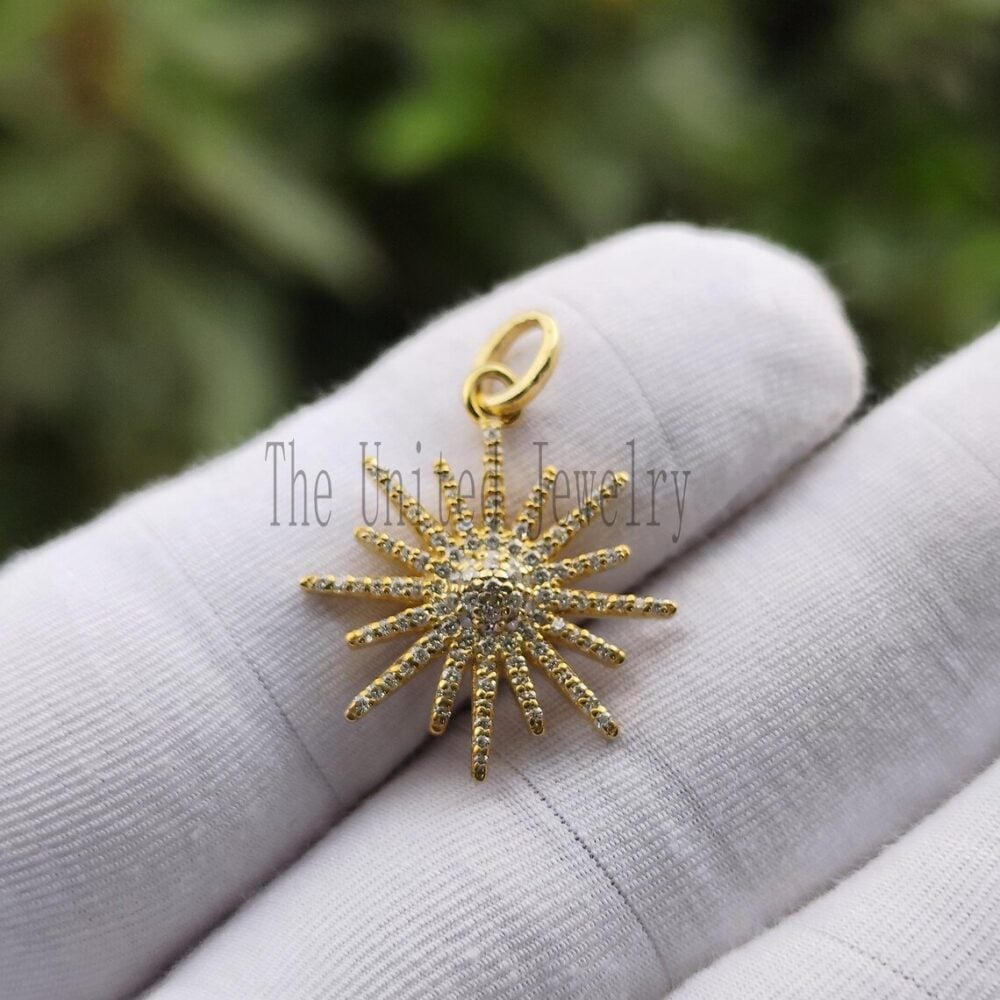 14k Solid Gold Diamond Starburst Pendant Necklace (25mm