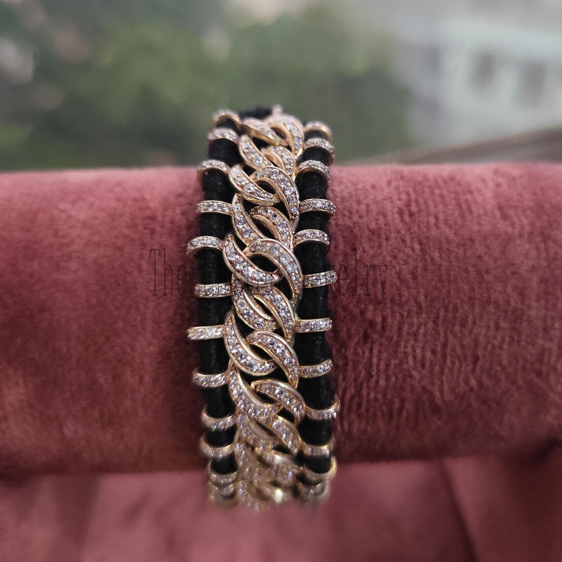 Handmade Black Thread With Pave Diamond Link Design Bracelet In 925 Sterling Silver Jewelry
