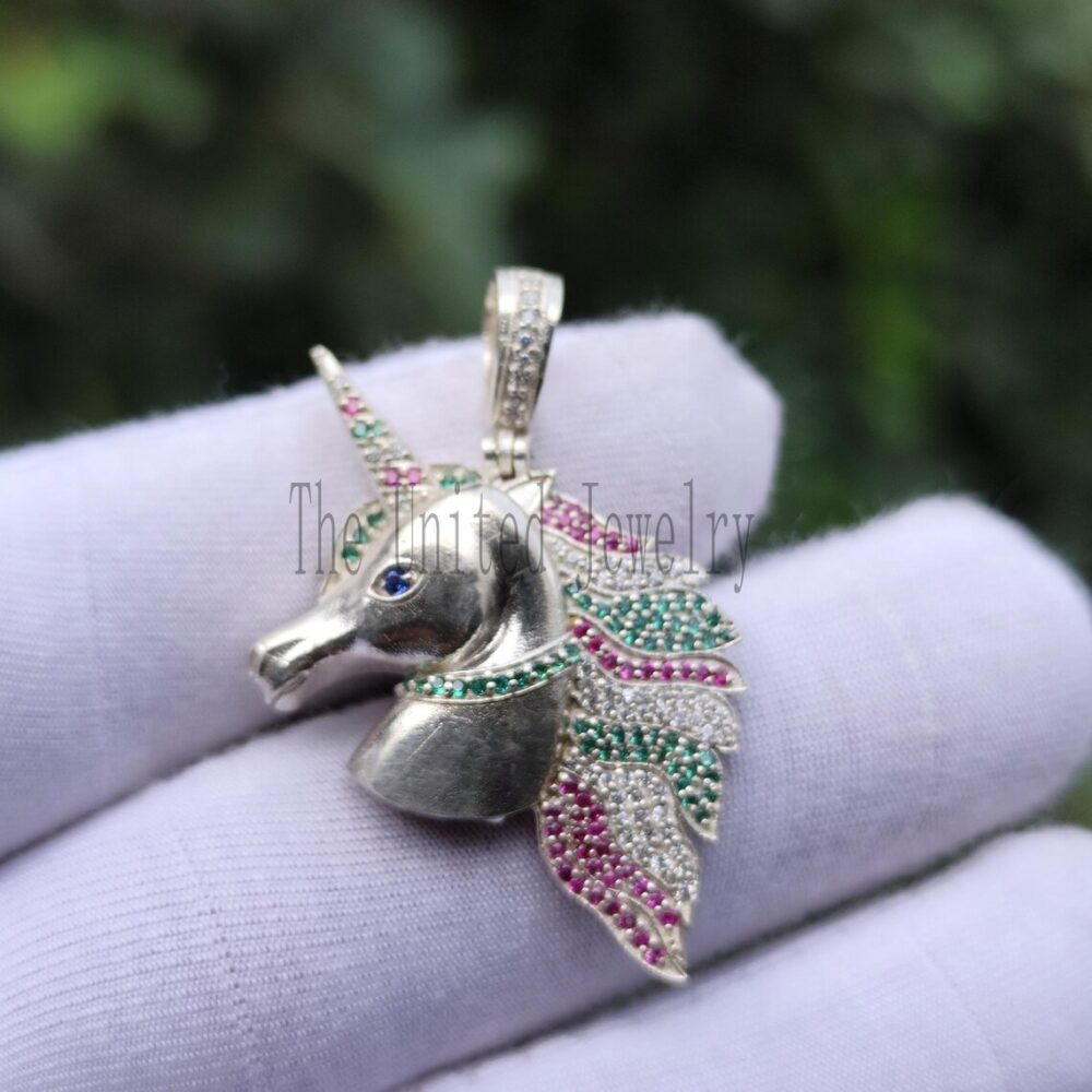 Handmade 925 Sterling Silver Designer Unicorn Multi Sapphire Pendant Necklace Jewelry