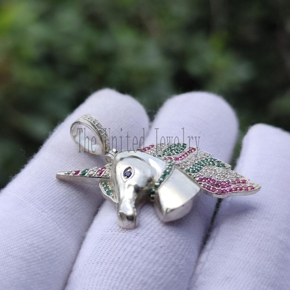 Handmade 925 Sterling Silver Designer Unicorn Multi Sapphire Pendant Necklace Jewelry
