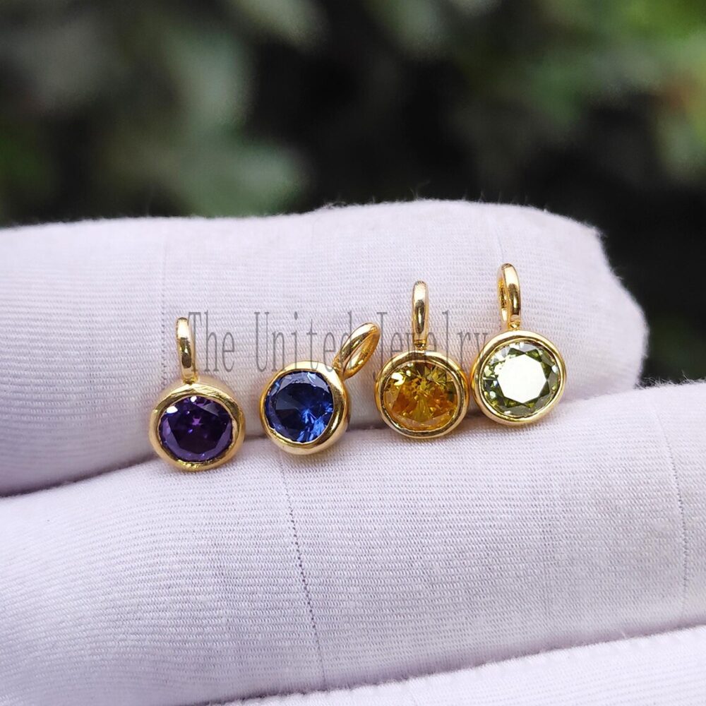 925 Sterling Silver Handmade Round Birthstone Gemstone Charm Pendant