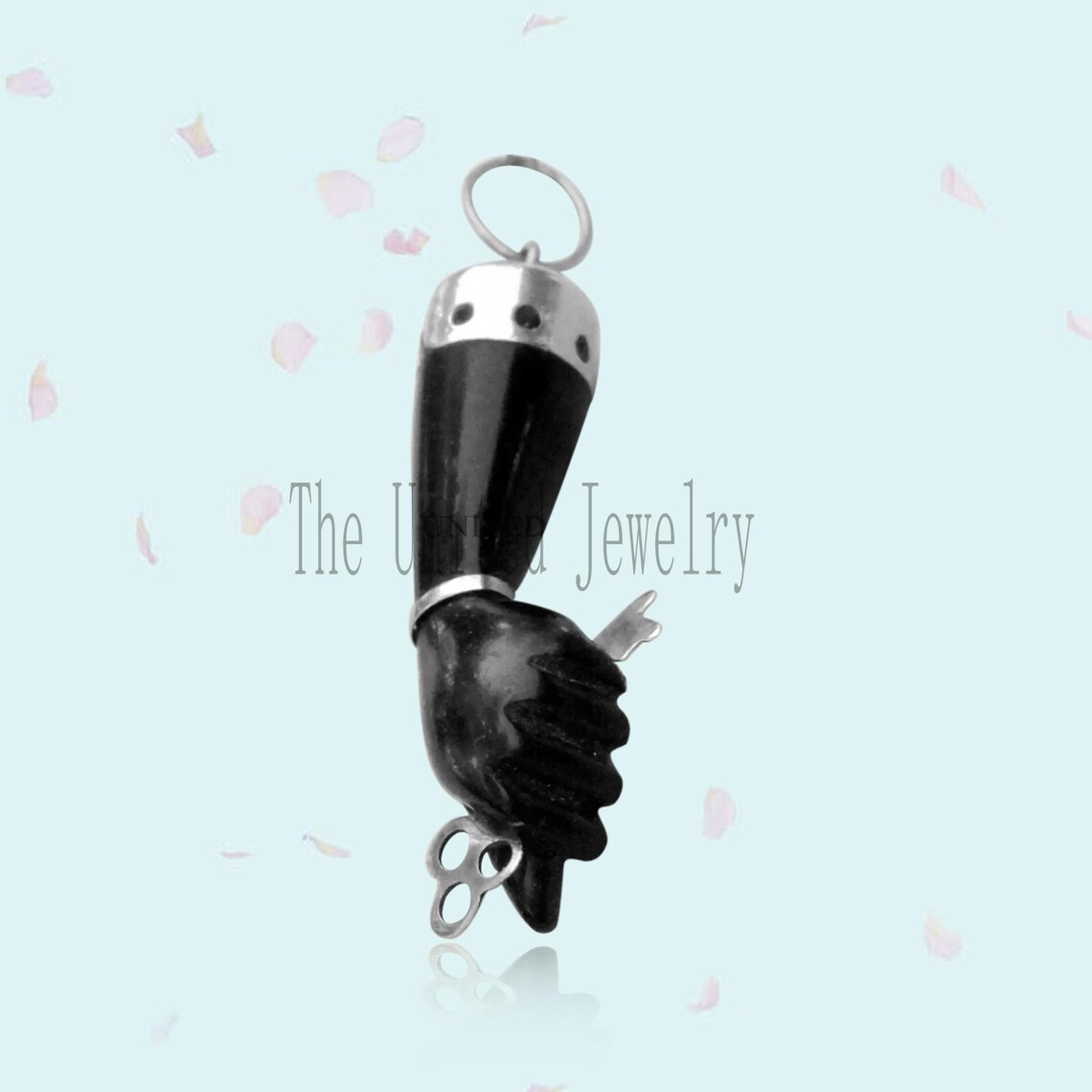 Sterling Silver Black Onyx Figa Hand Pendant: Good Luck Amulet