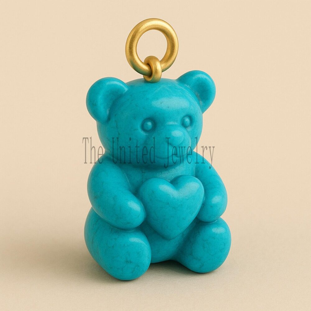 14K Gold Turquoise Heart Teddy Bear Charm Pendant: Dainty Whimsical Jewelry