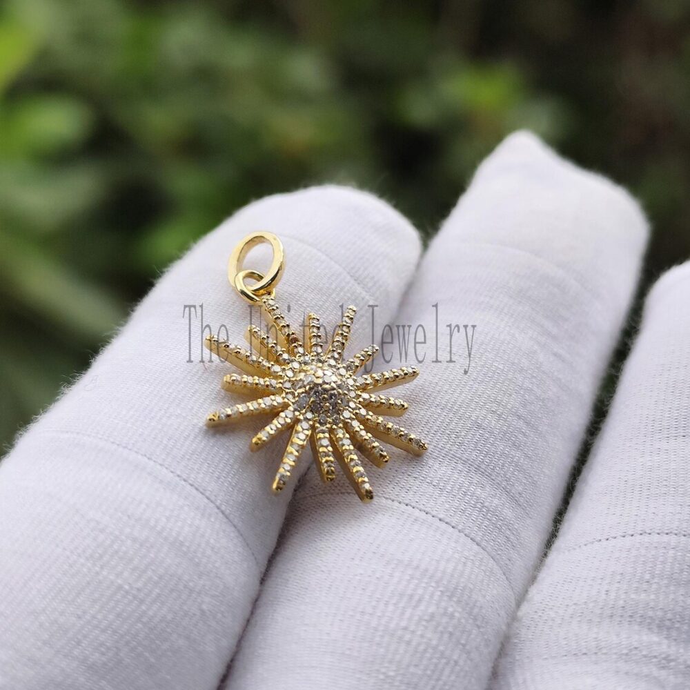 14k Solid Gold Diamond Starburst Pendant Necklace (25mm