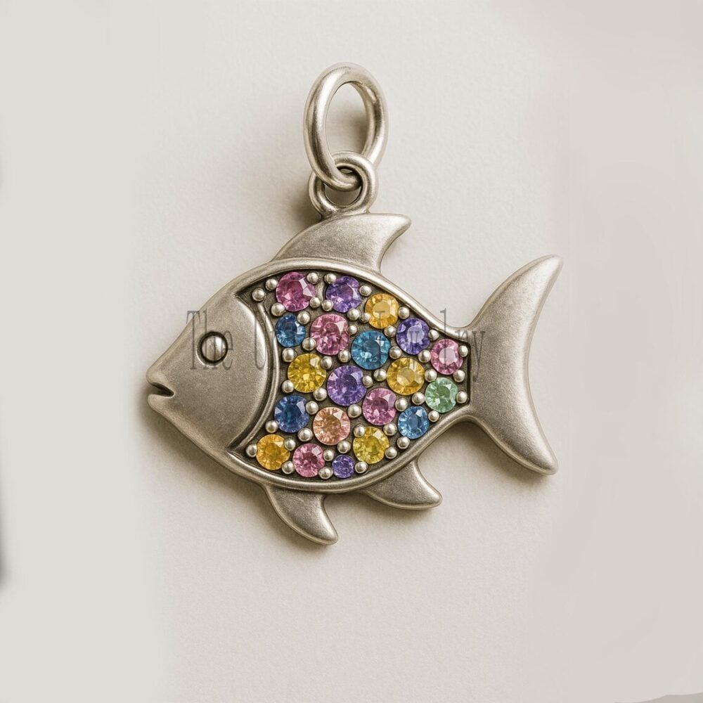 Sterling Silver Fish Pendant with Multicolor Sapphire Gemstones – Nautical Rainbow Charm Jewelry