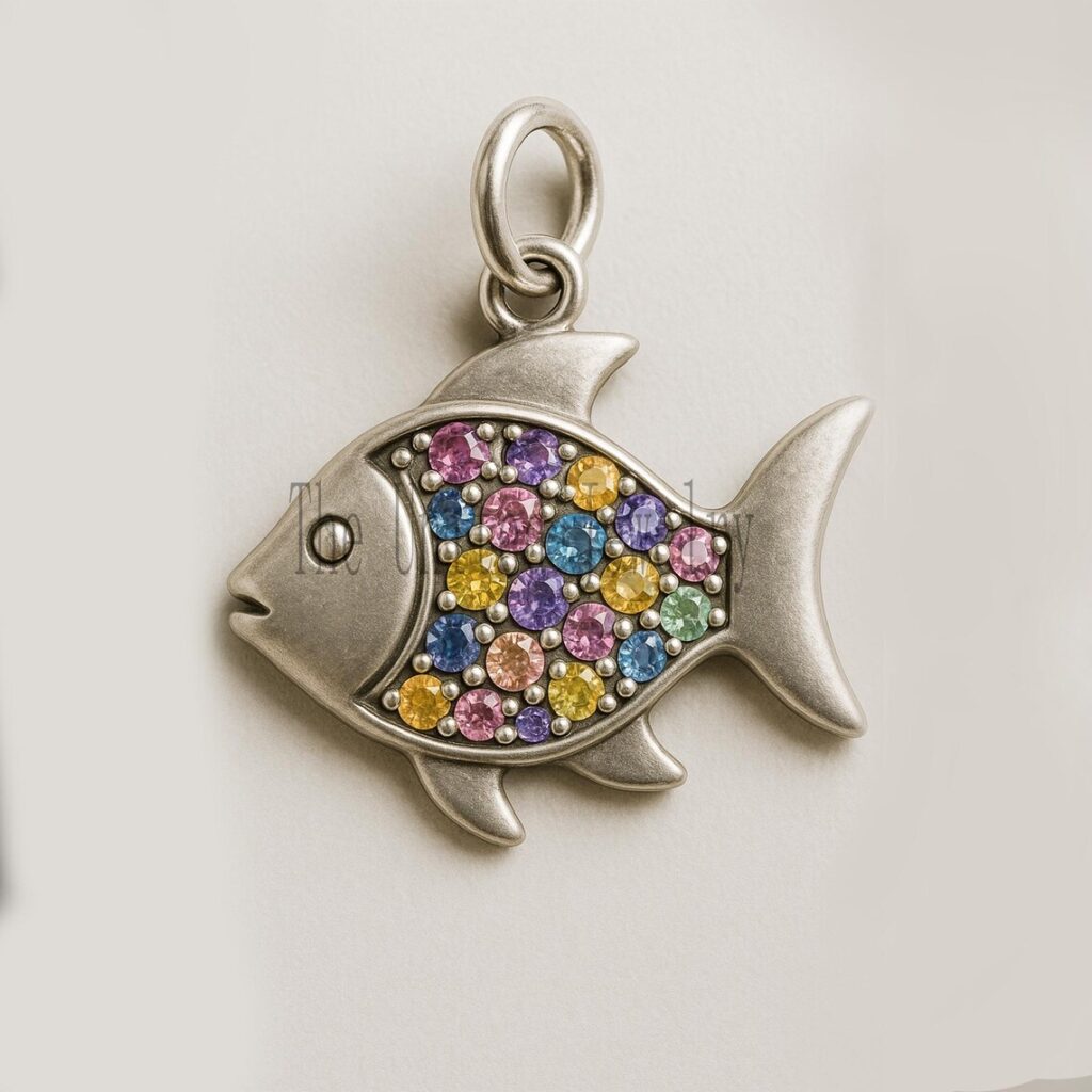 Sterling Silver Fish Pendant with Multicolor Sapphire Gemstones – Nautical Rainbow Charm Jewelry