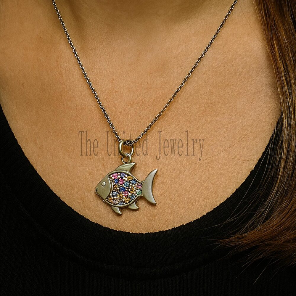 Sterling Silver Fish Pendant with Multicolor Sapphire Gemstones – Nautical Rainbow Charm Jewelry