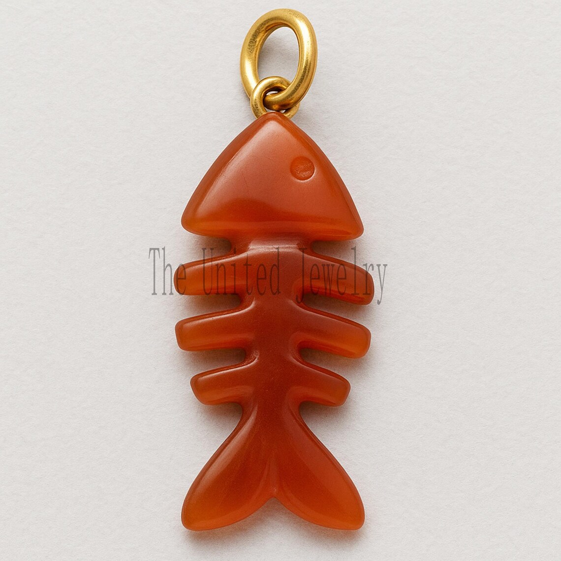 14K Gold Handcrafted Carnelian Fish Bone Pendant | Gemstone Carving Charm