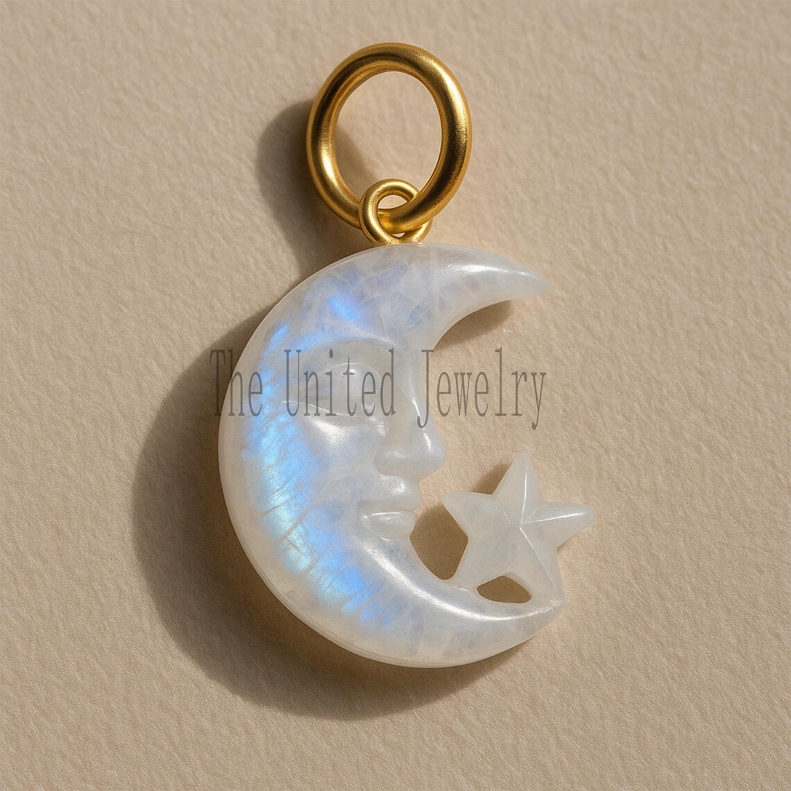 Hand-Carved Rainbow Moonstone Moon Face & Star Pendant with Gold Plated Bail – Celestial Jewelry Charm