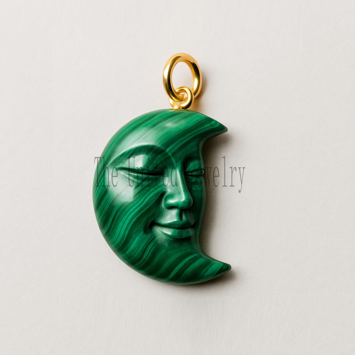 Hand-Carved Malachite Moon Face Pendant with Gold Plated Bail – Celestial Green Gemstone Jewelry Charm