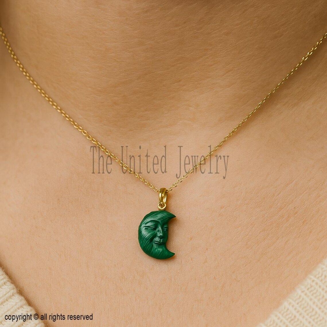 Hand-Carved Malachite Moon Face Pendant with Gold Plated Bail – Celestial Green Gemstone Jewelry Charm