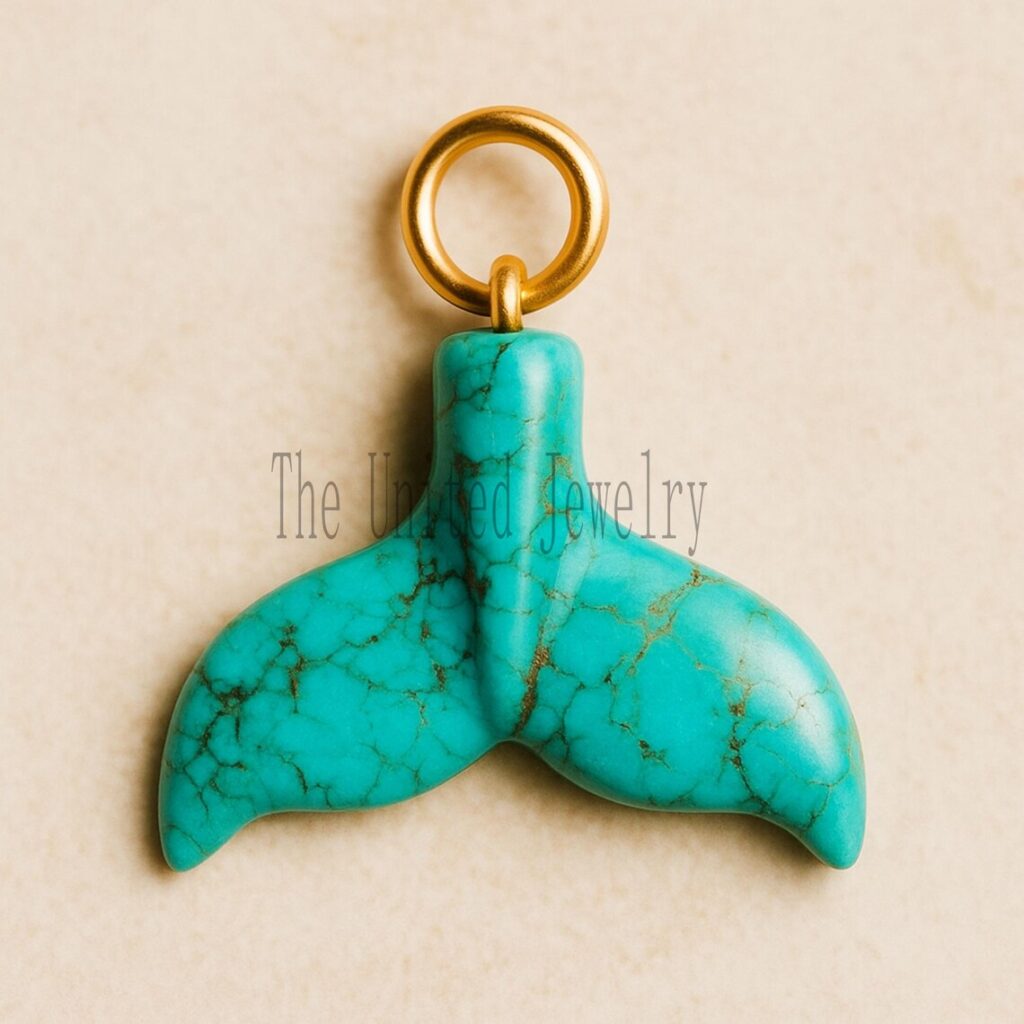 Hand-Carved Turquoise Whale Tail Pendant with Gold Plated Bail – Ocean-Inspired Gemstone Jewelry Charm
