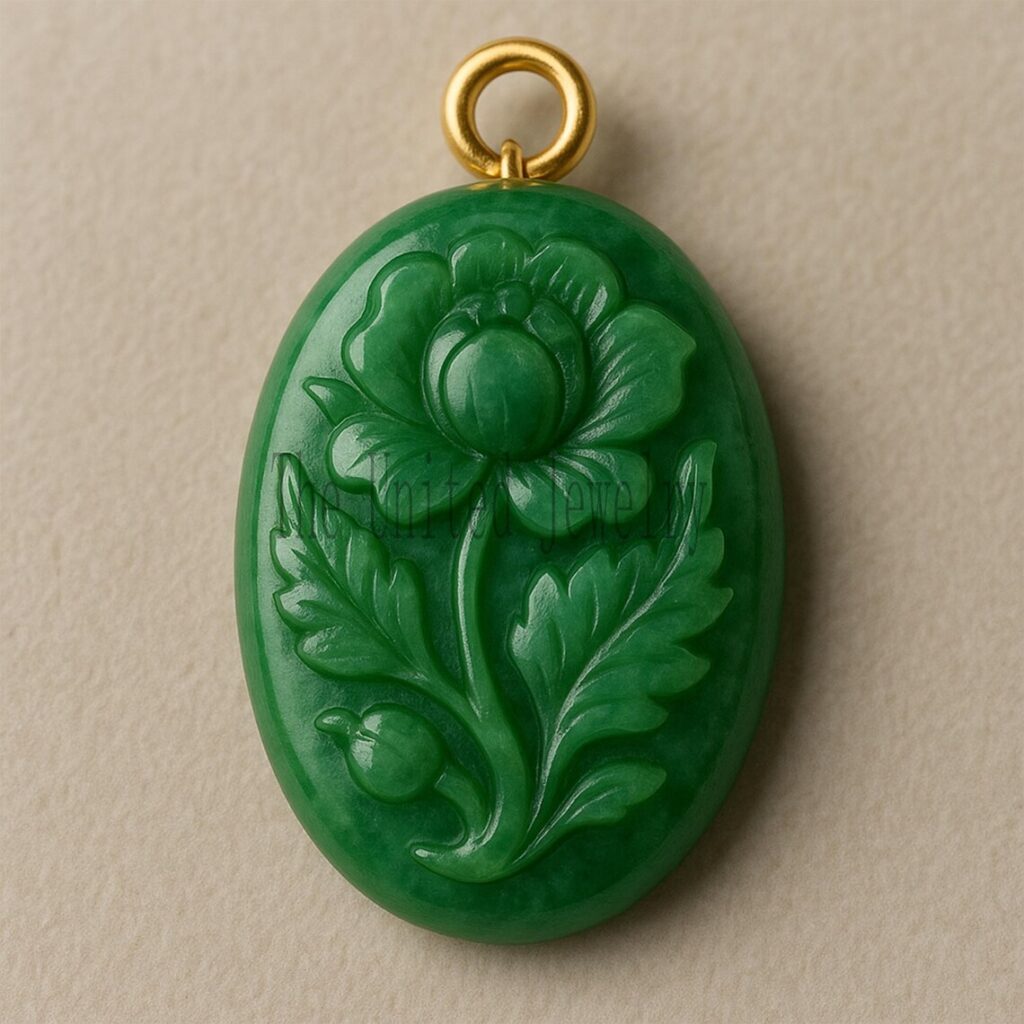 Hand-Carved Green Onyx Floral Pendant: Gold Plated Sterling Silver Charm