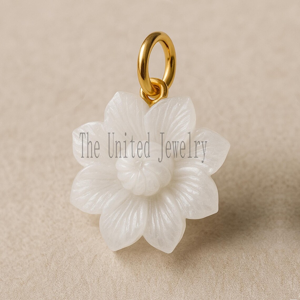 Hand-Carved White Gemstone Flower Pendant: Gold Plated Sterling Silver