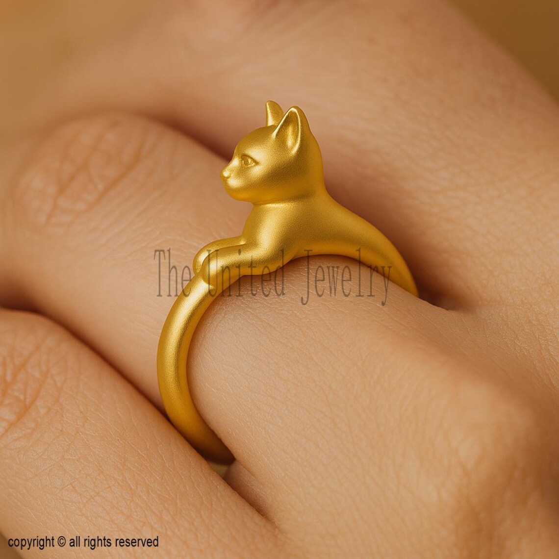 Matte Gold Sterling Silver Cat Ring - Minimalist Kitty Jewelry