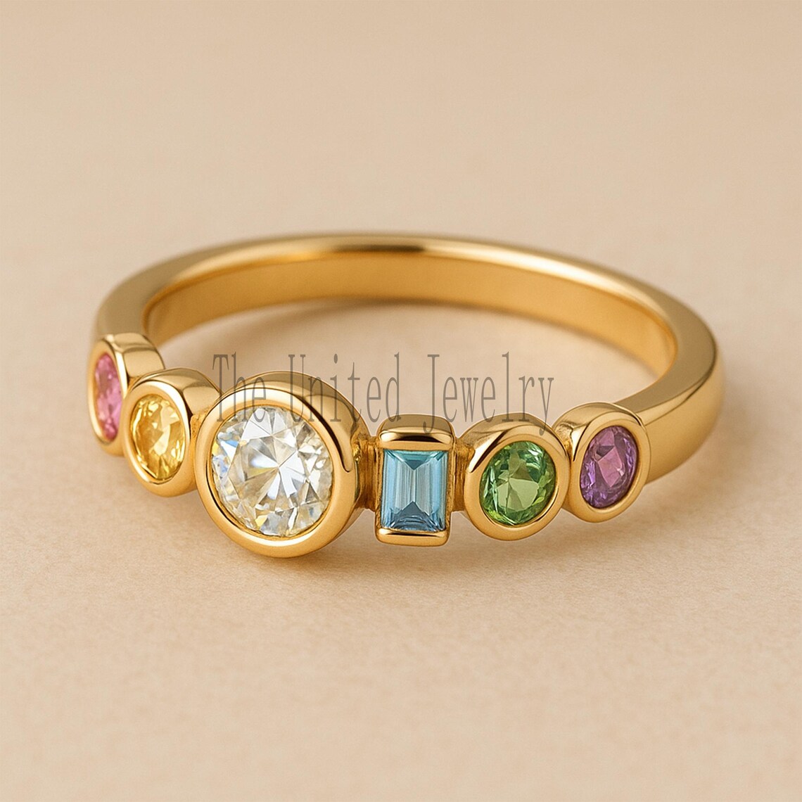 Moissanite Rainbow Sapphire Ring: Gold Plated Sterling Silver Stacking Band
