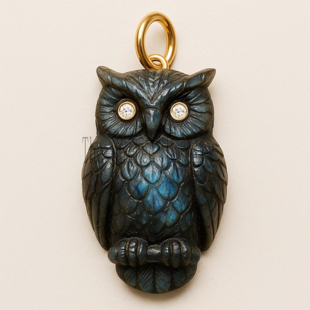 Labradorite Owl Pendant: Diamond Eyes, Gold Plated Sterling Silver