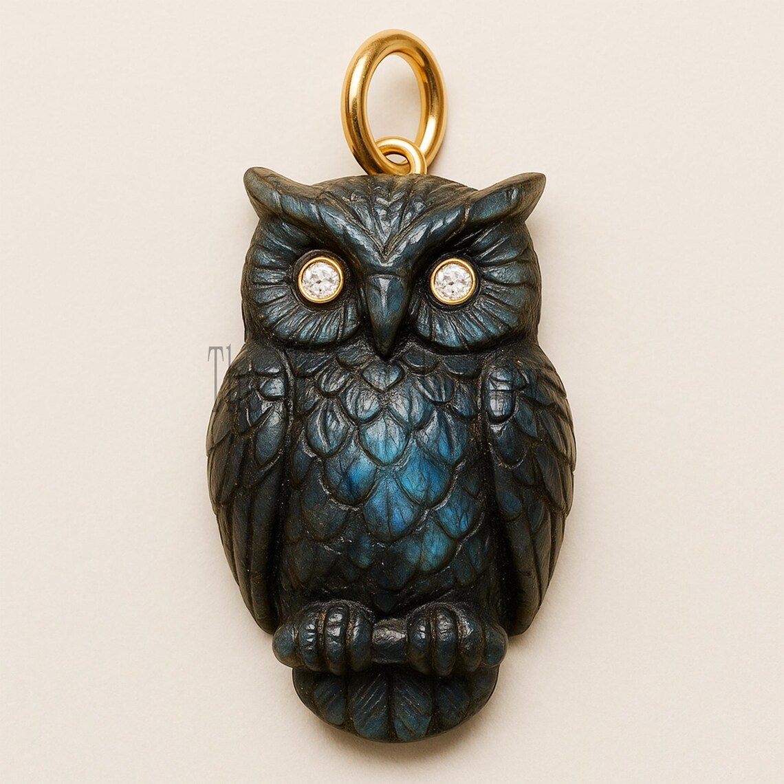 Labradorite Owl Pendant: Diamond Eyes, Gold Plated Sterling Silver