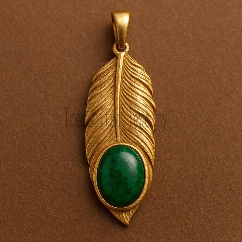 Gold Plated Sterling Silver Feather Pendant: Green Gemstone Leaf Charm