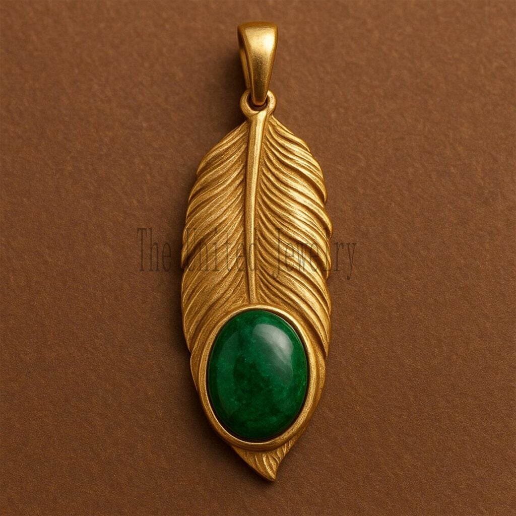 Gold Plated Sterling Silver Feather Pendant: Green Gemstone Leaf Charm