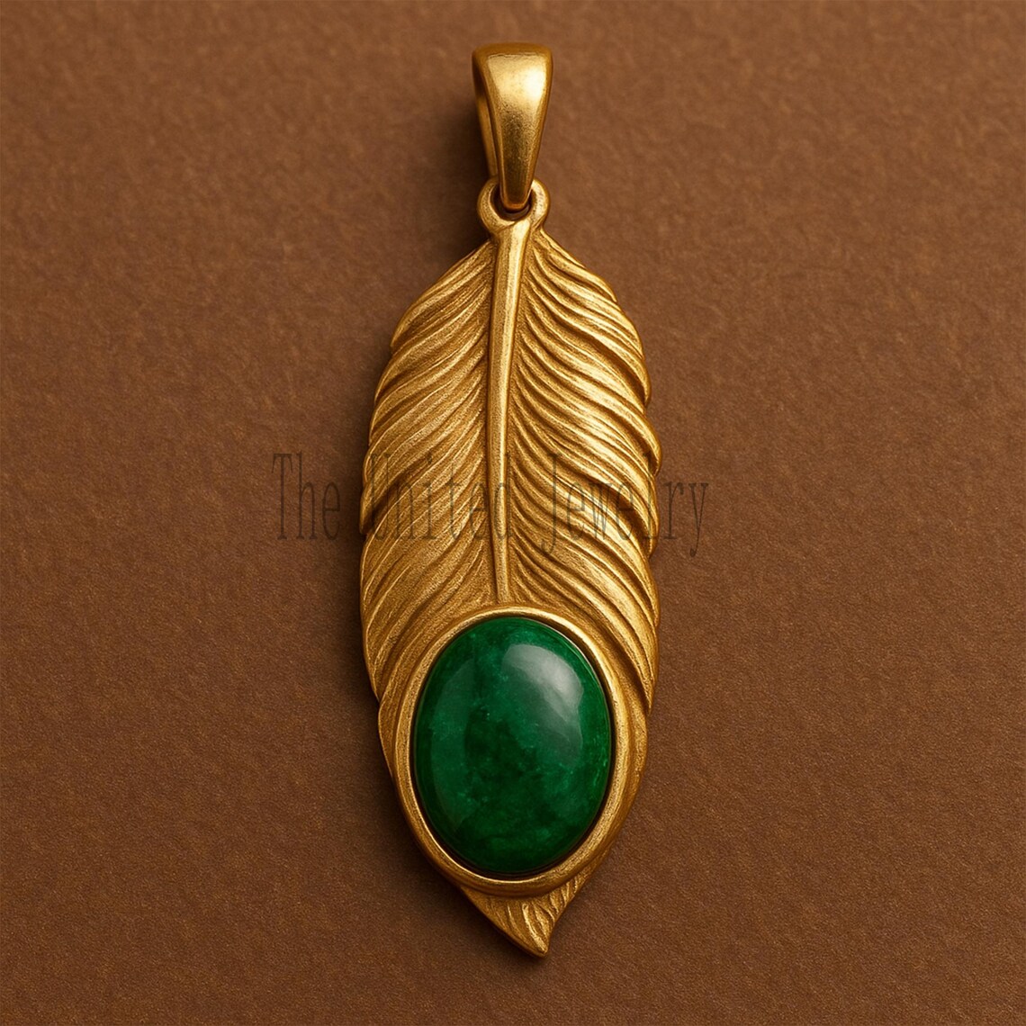 Gold Plated Sterling Silver Feather Pendant: Green Gemstone Leaf Charm