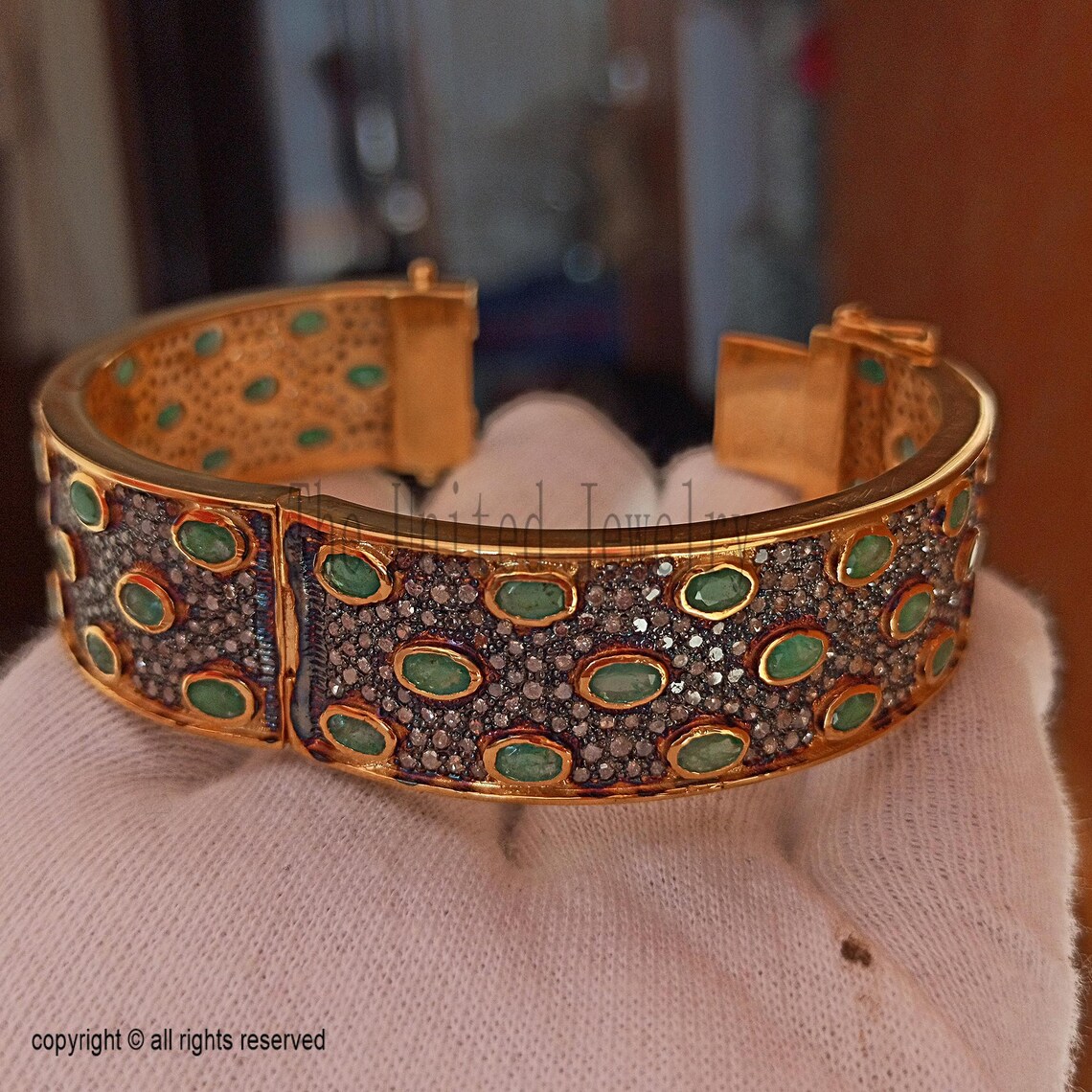 Emerald Pave Diamond Bangle: Gold Plated 925 Sterling Silver Statement Bracelet
