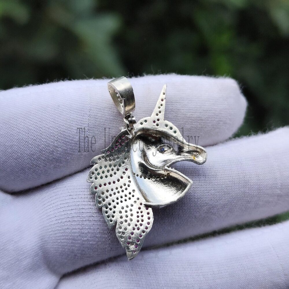 Handmade 925 Sterling Silver Designer Unicorn Multi Sapphire Pendant Necklace Jewelry