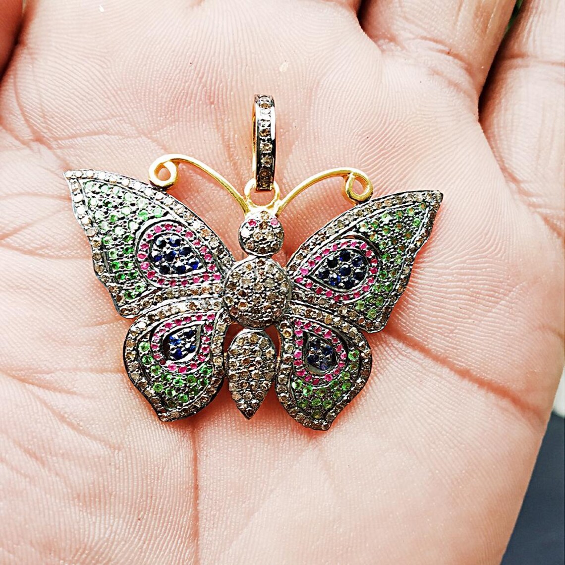 Multicolor Sapphire Diamond Butterfly Pendant: 925 Sterling Silver, 40mm