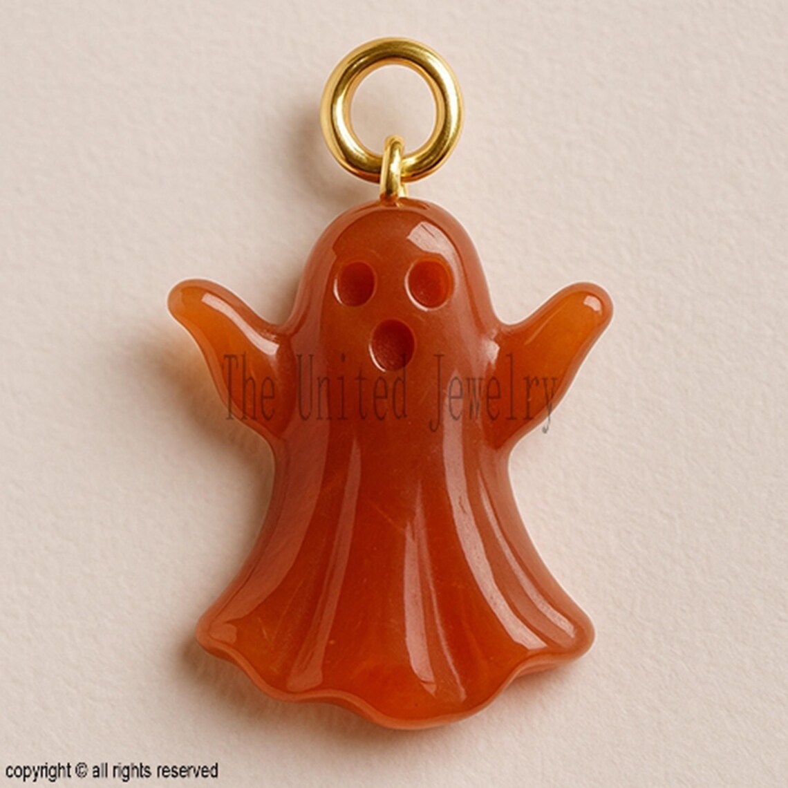 Halloween Carnelian Ghost Pendant – Gold Jump Ring – Spooky Gemstone Charm for Necklace or Bracelet